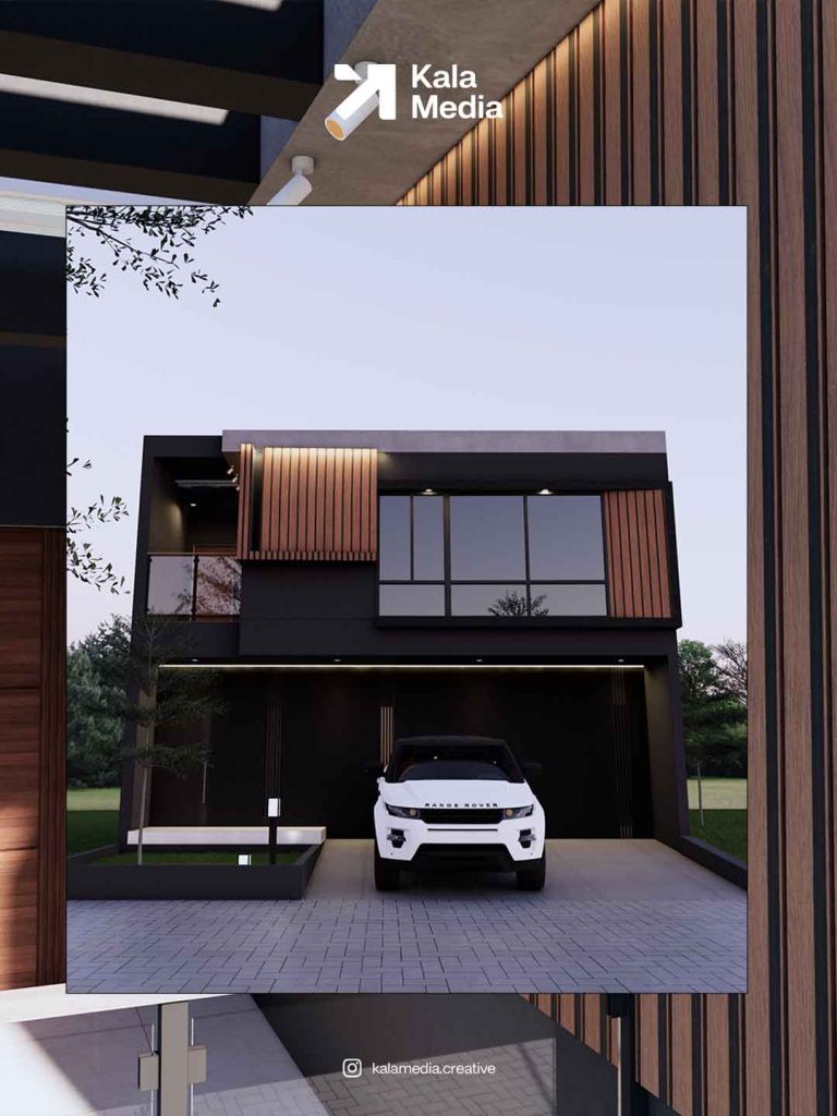 Desain 3D rendering fasad bangunan rumah dua lantai berarsitektur modern dengan mobil terparkir di garasi.